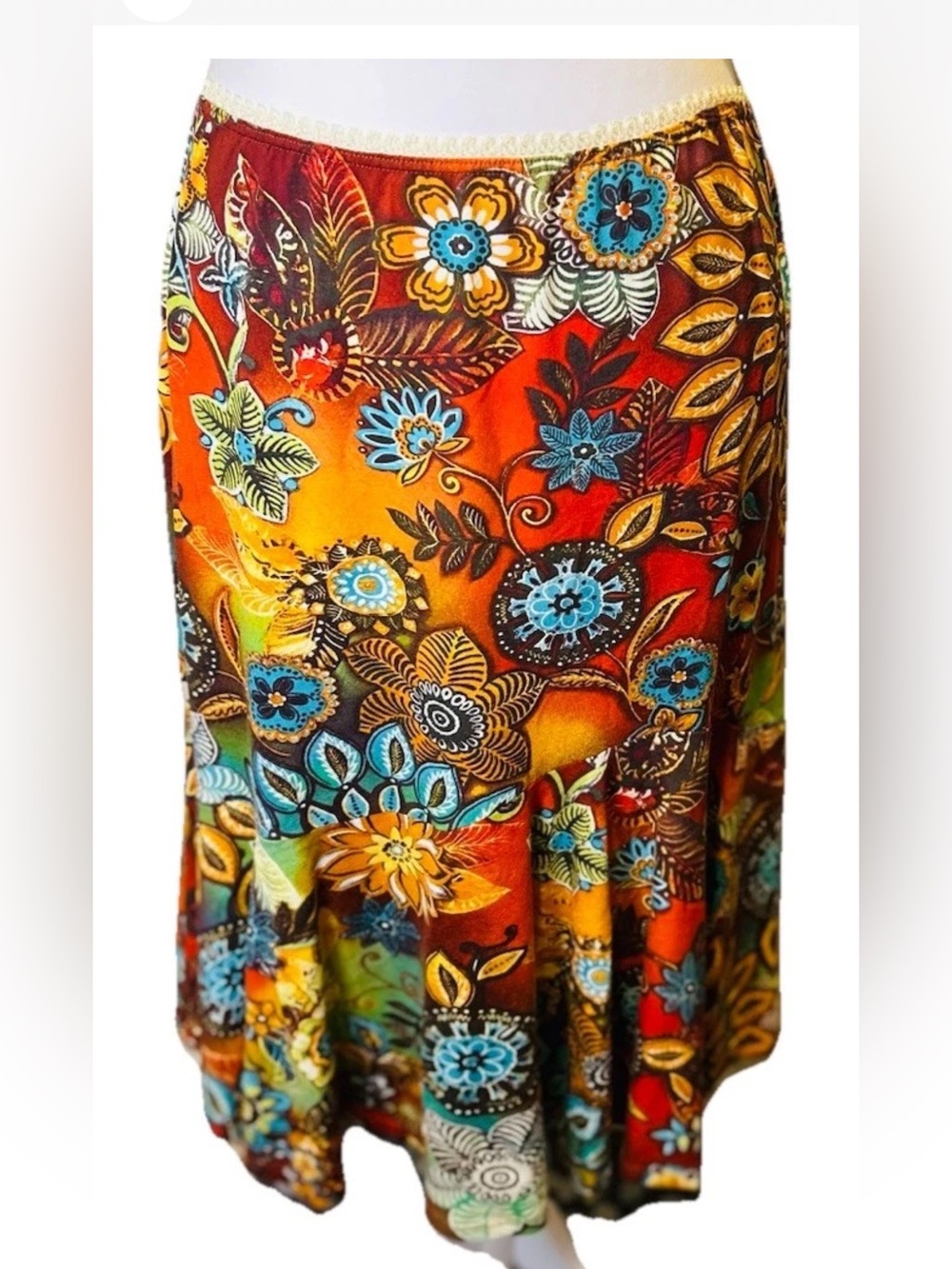 Conrad C Boho Floral Trumpet Midi Skirt Crochet Lace Trim Sz L Made in CanadaY2K